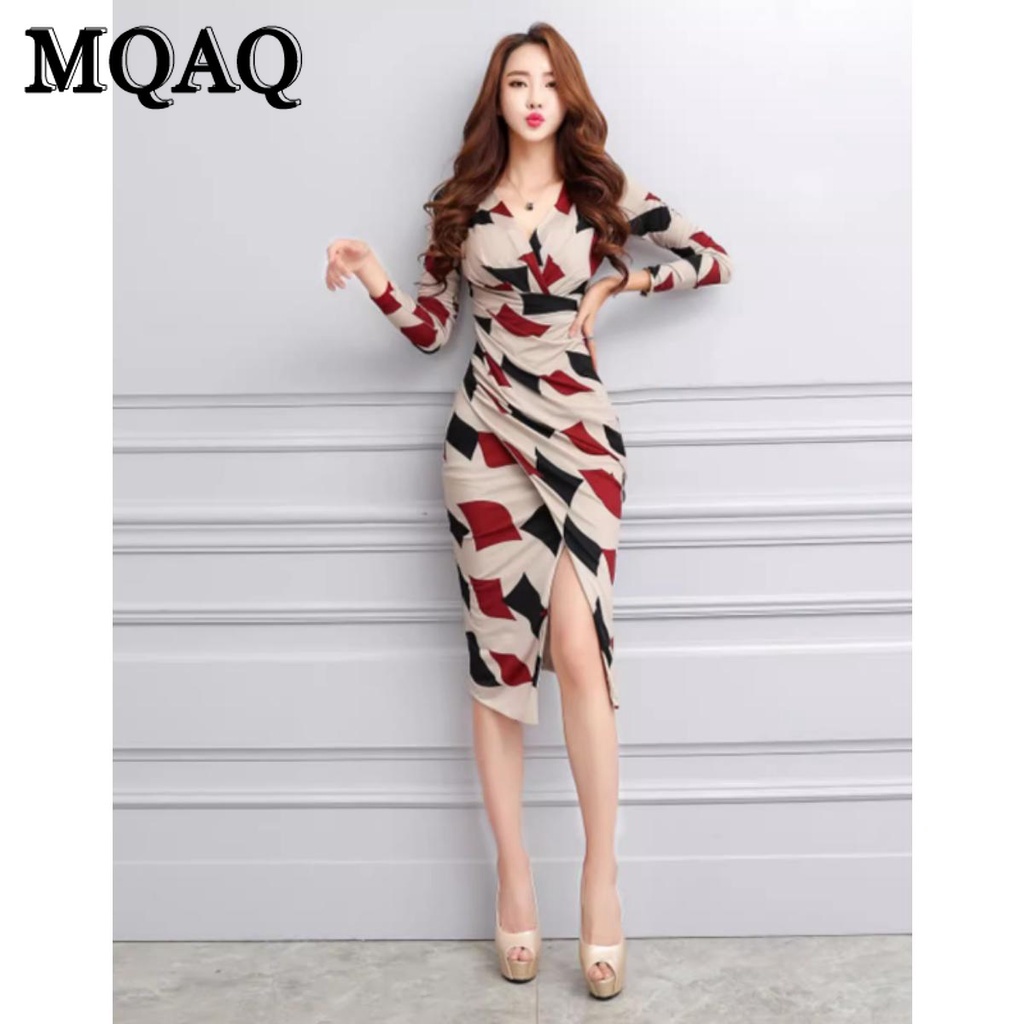 Đầm MQAQ ôm dáng cổ chữ V dài tay vừa vặn gợi cảm cho nữ
