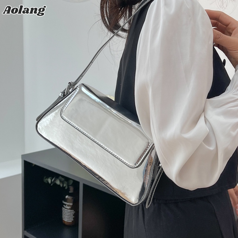 Olang Túi đeo dưới cánh tay / Đeo Một Bên Vai Màu Bạc Bóng Cao Cấp Đa Năng Dành Cho Bạn Nữ