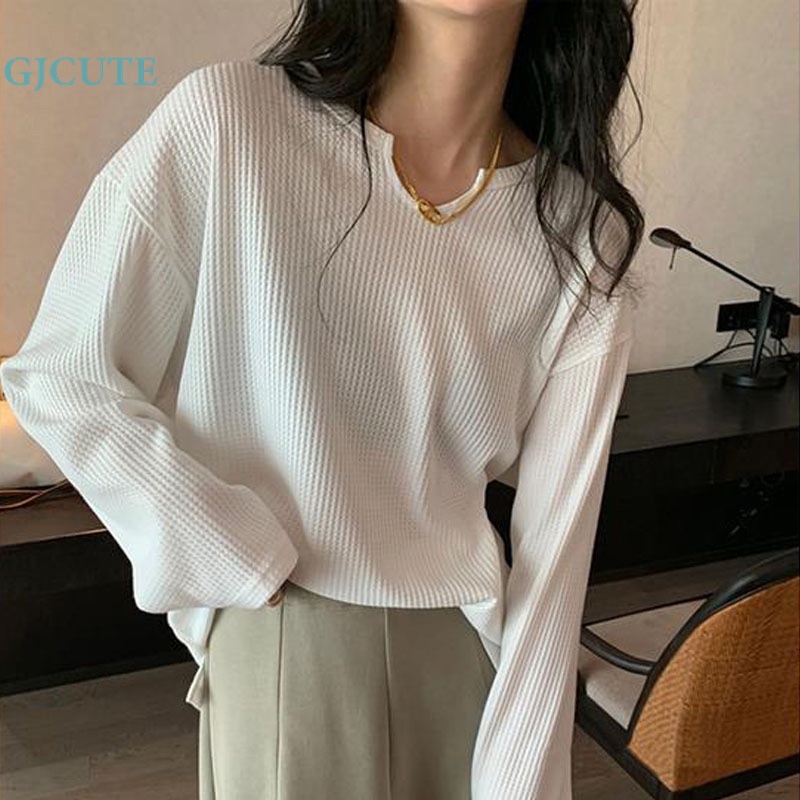 Gjcute Áo Thun Nữ Tay Dài Cổ Chữ u Màu Trơn Dáng Rộng Thời Trang Mùa Thu