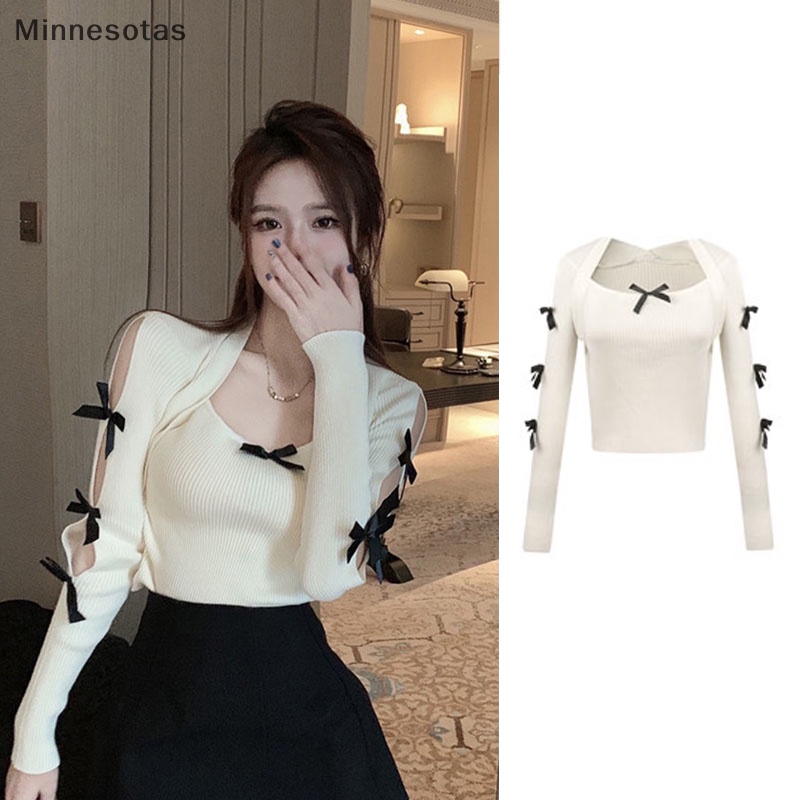 Áo sweater Dệt Kim Tay Dài Cổ Vuông Đính Nơ Ngọt Ngào Thời Trang Mùa Thu Cho Nữ mns
