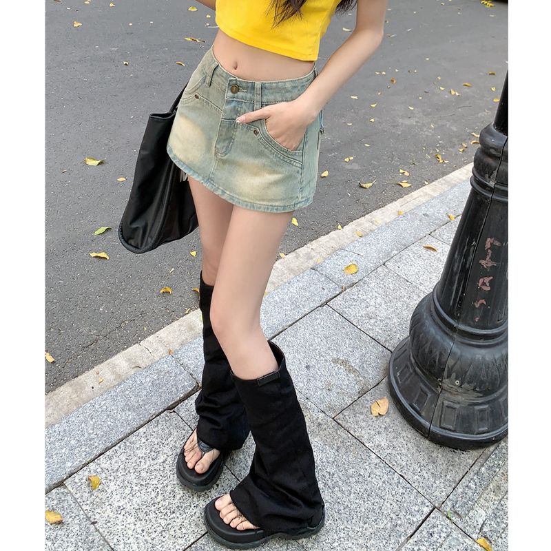 Chân Váy denim Lưng Cao Màu Sáng Phong Cách retro