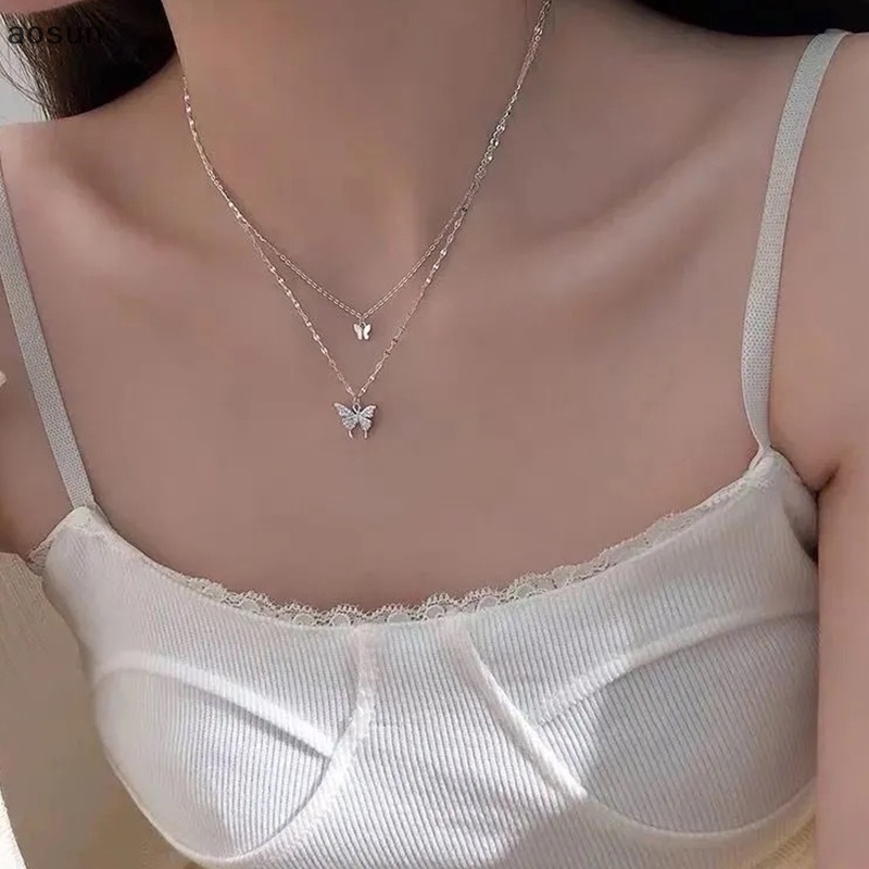 Aosun Vòng cổ Hai Lớp Mặt Hình Bướm Đính Đá zircon Thời Trang Dành Cho Nữ