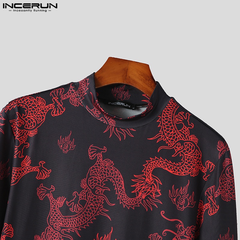 INCERUN Áo Thun Tay Dài In Hình Rồng Cá Tính Phong Cách retro Hợp Thời Trang Cho Nam