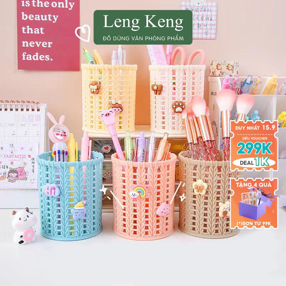 Ống đựng bút giỏ đan hình tròn văn phòng phẩm Leng Keng nhiều màu pastel xinh xắn OB03