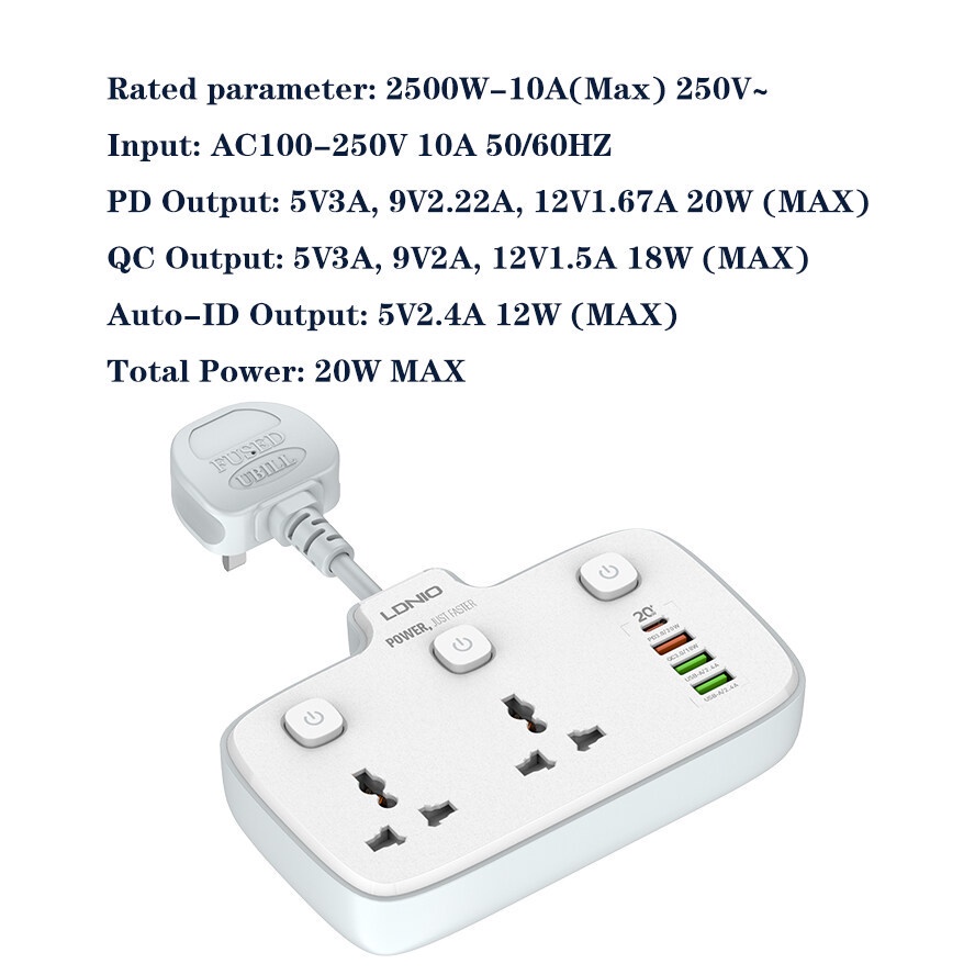 Ổ điện LDNIO  SC5415   nhiều cổng 2500w - Tích hợp Cổng sạc nhanh Type C  PD3.0 20W, QC3.0 SC2413 SC2311 TTSHOP720