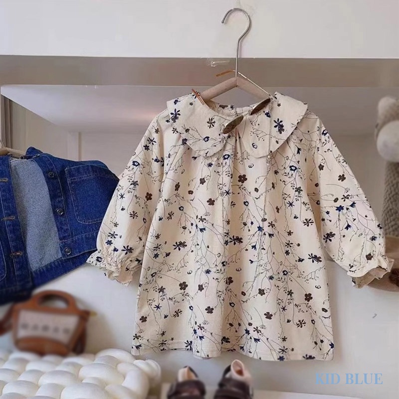 Đầm Hoa Tay Dài Cổ Búp Bê Thời Trang Xuân Thu Mới Cho Bé Gái