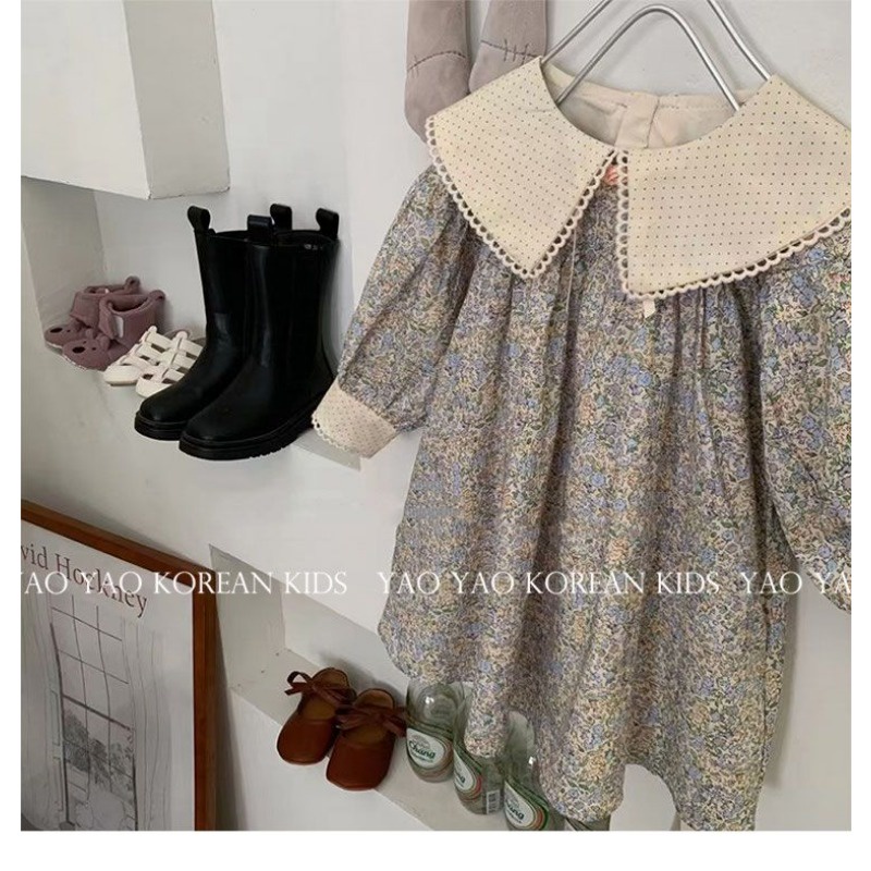 Đầm Tay Dài Cổ Bẻ Dáng Rộng In Họa Tiết Hoa Thời Trang Mùa Thu Xinh Xắn Cho Bé Gái