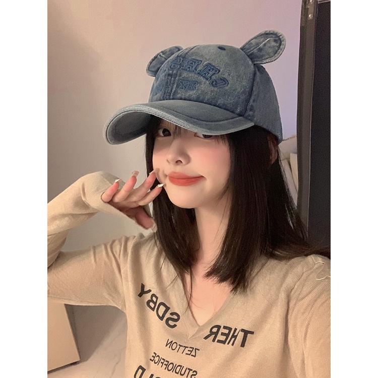 Mũ Lưỡi Trai denim Thêu Hình Tai Gấu Dễ Thương Phong Cách Hàn Quốc