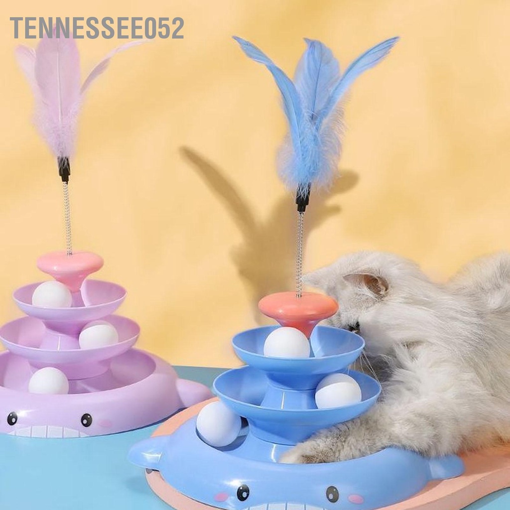 Tennessee052 Đồ chơi bóng bàn xoay cho mèo 3 cấp độ tương tác làm giảm sự nhàm chán của con tháp lăn đồ với thanh lông vũ và quả