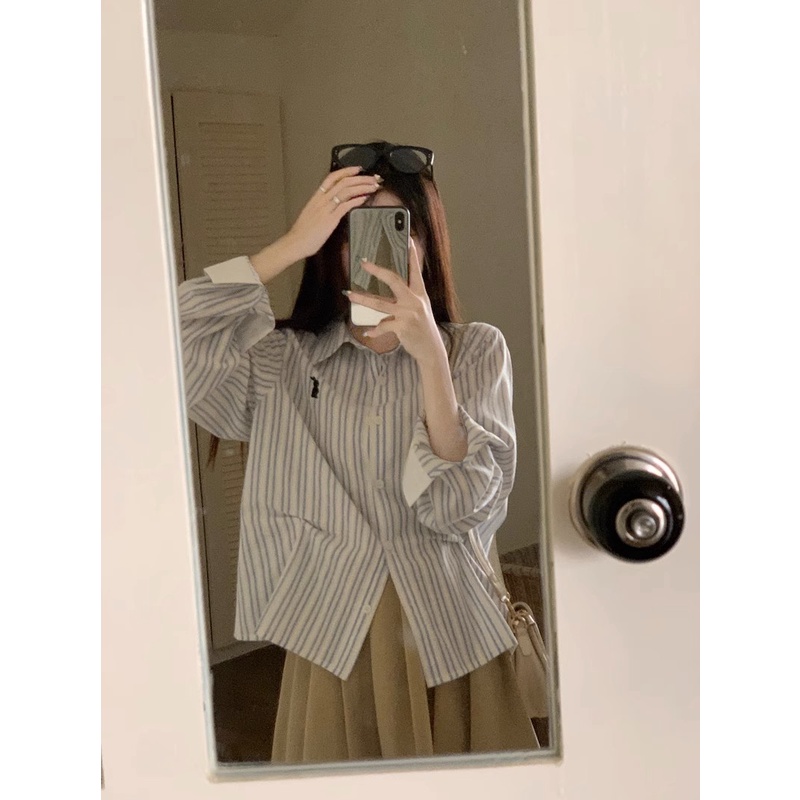 SUXI Áo Sơ Mi Tay Dài Kẻ Sọc Phong Cách vintage Dành Cho Nữ