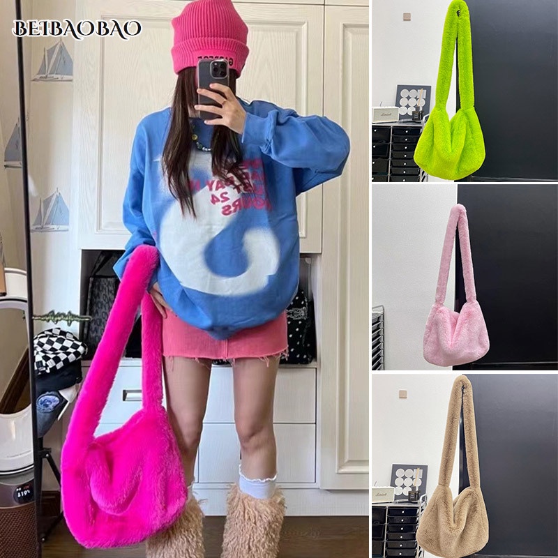 Mới Túi Đeo Chéo Lông Thỏ y2k Màu Đỏ Hồng Nữ Tính