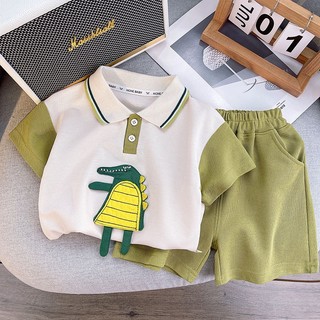 Bộ áo polo ngắn tay in hoạt hình cá sấu + quần short thời trang cho bé trai từ 3-8 tuổi