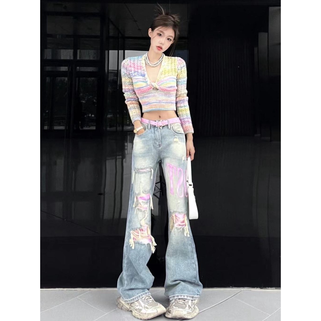 Quần Jean Ống Rộng Xẻ Tà Thêu Chữ Phong Cách Đường Phố Mỹ Màu Hồng f