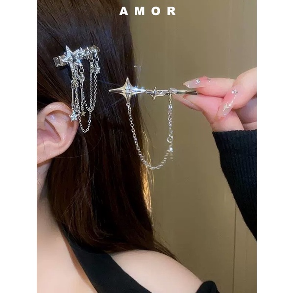 Kẹp Tóc Tua Rua Hình Ngôi Sao Năm Cánh Đính Đá Sang Trọng y2k