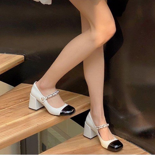 GIÀY CAO GÓT 5-7P MŨI TRÒN MÀU ĐEN BÓNG - KEM MŨI ĐEN QUAI NGANG PHỐI XÍCH NGỌC CUTE CỰC HOT MARY