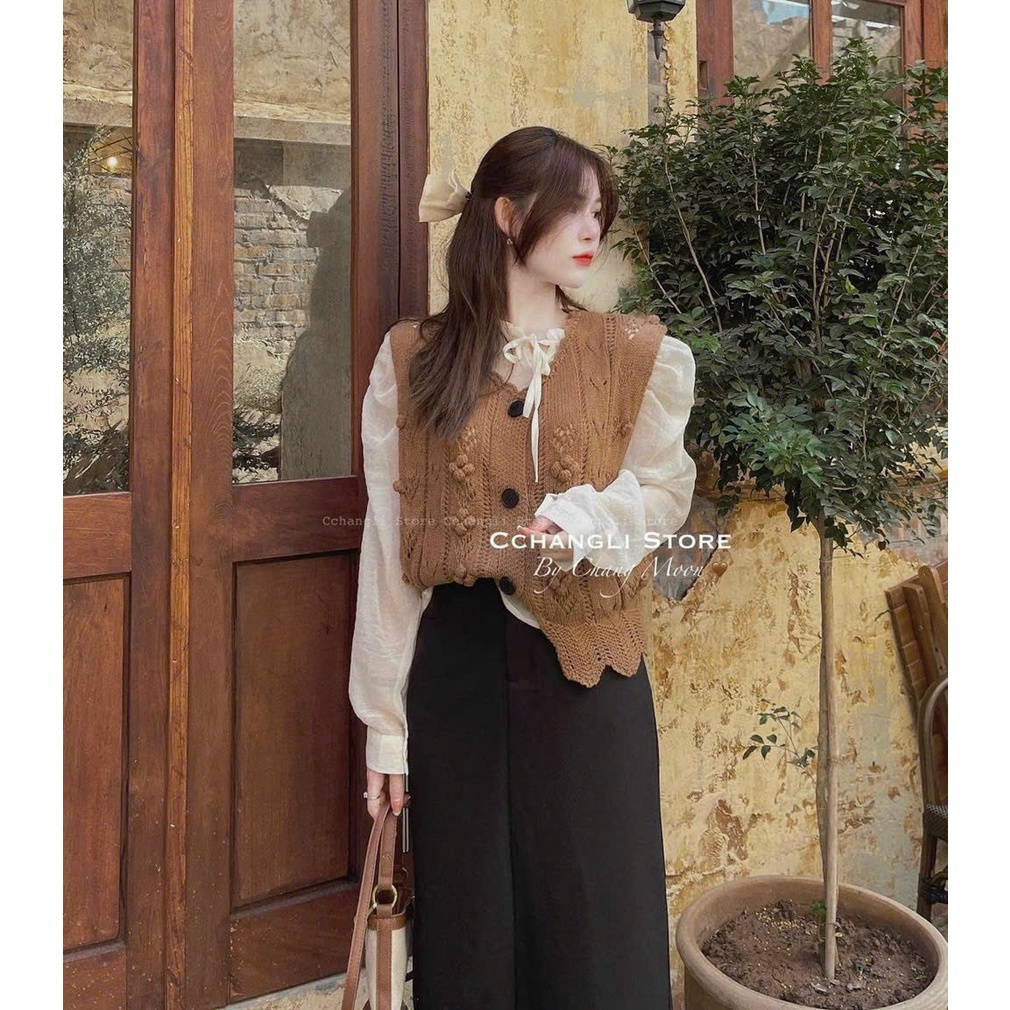 Set áo gile len nâu vintage kèm áo sơ mi bèo hàng QC L1