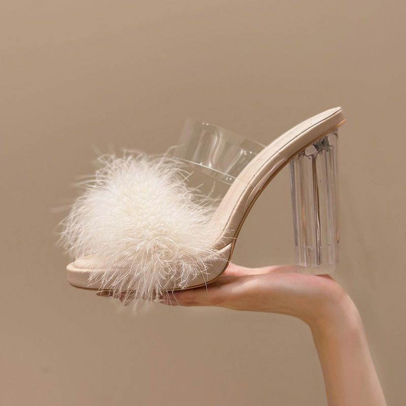 Dép Cao Gót Quai Ngang Trong Suốt Đính Lông Vũ Thời Trang Cho Nữ 02732