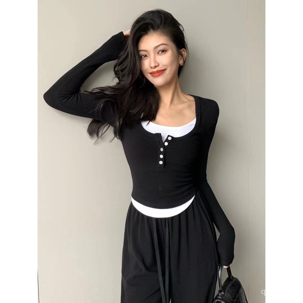 Áo Thun Tay Dài Giả Hai Lớp Màu Đen Thời Trang Mùa Thu Phong Cách Phương Tây jinqb0935jinq Dành Cho Bạn Nữ