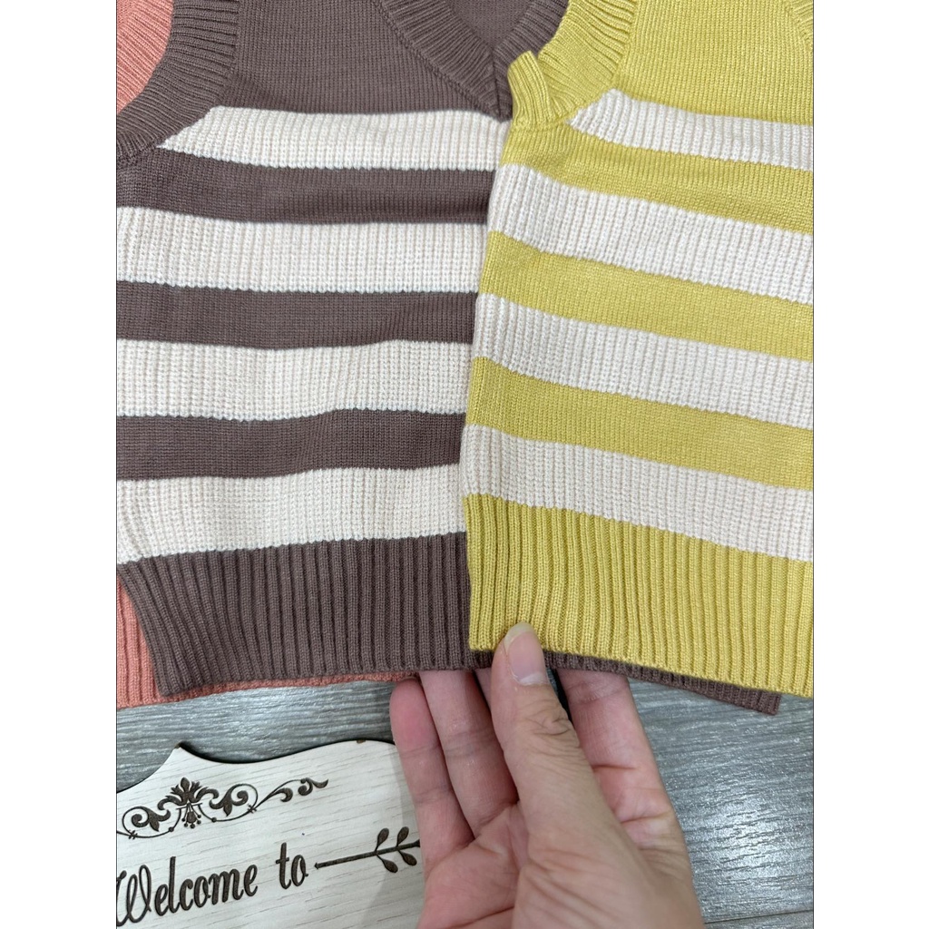 Áo gile len quảng châu cổ tim kẻ cho bé trai bé gái mặc thu đông