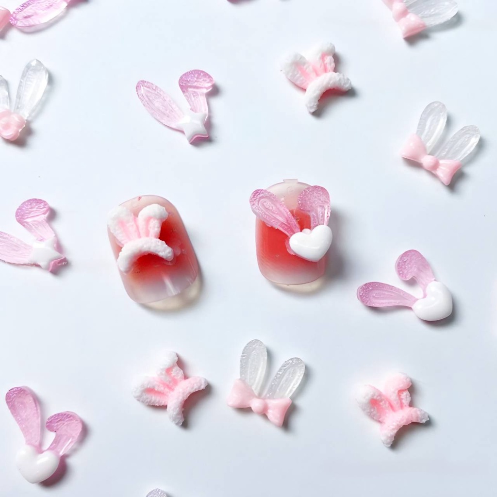 Set 15 Charm Hoạt Hình Tai Thỏ Hồng Pha Lê Phát Sáng Siêu Đáng Yêu Trang Trí Móng
