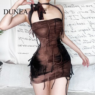 DUNEA Đầm Trễ Vai Phối Lưới Phong Cách retro Cho Nữ