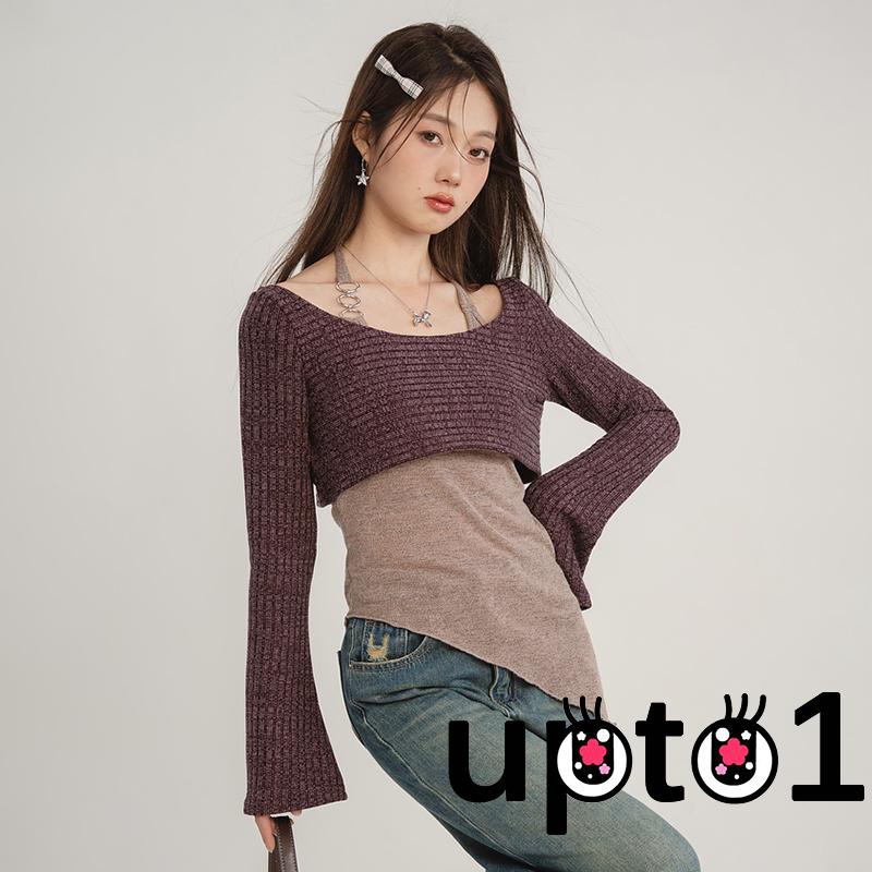 Up-áo Croptop Dệt Kim Tay Dài Hở Lưng Không Tay Cột Dây Màu Trơn Cho Nữ