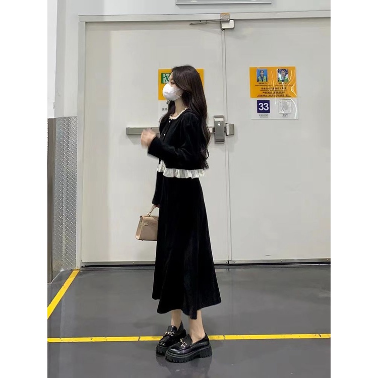 Bộ Áo Nhung Cao Cấp Tay Dài Phối Bèo + Chân Váy Thời Trang Thu Đông 2022