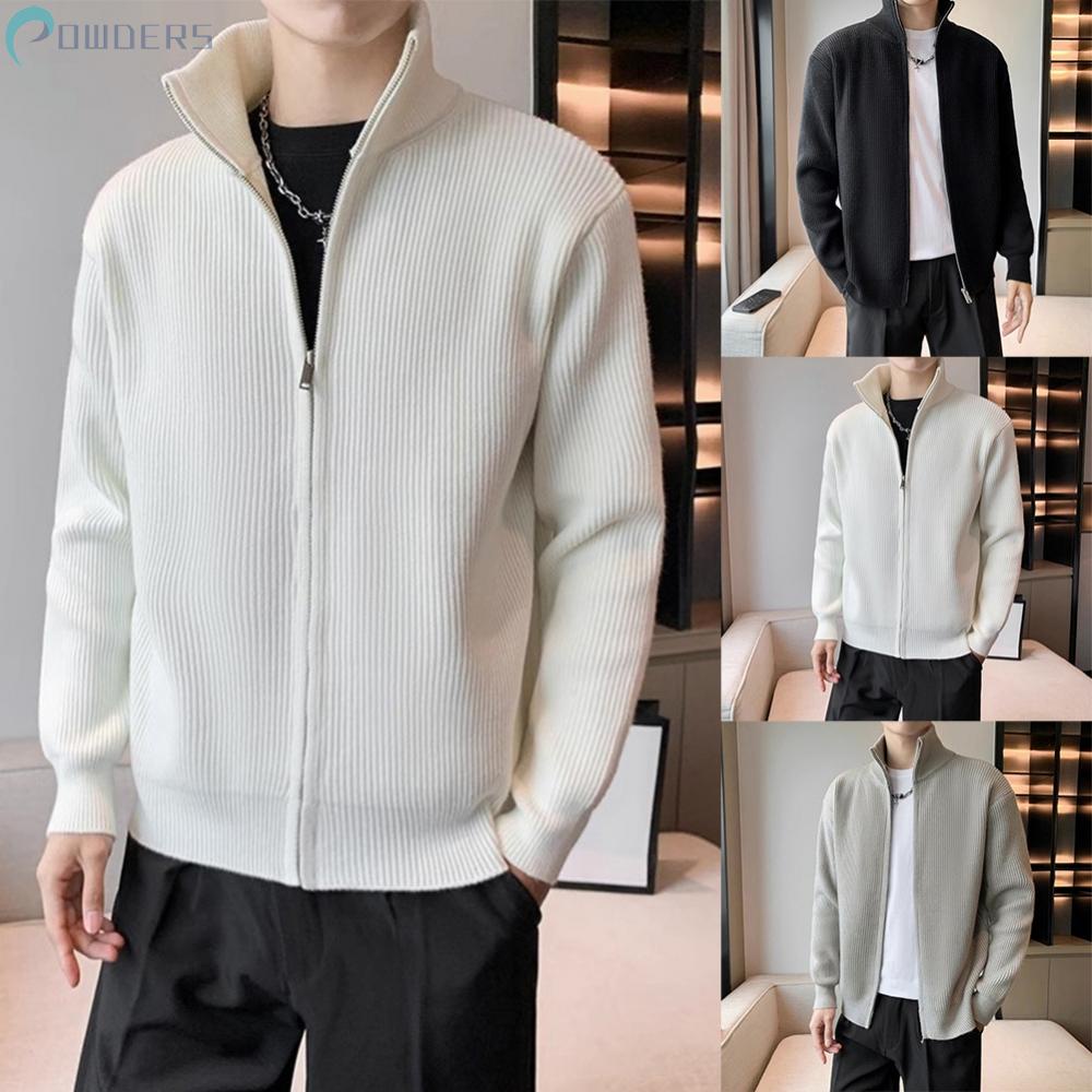 Mens Fleece Lined Knitted Jacket Zip Up Thick Warm Chunky Cardigan Long Coats