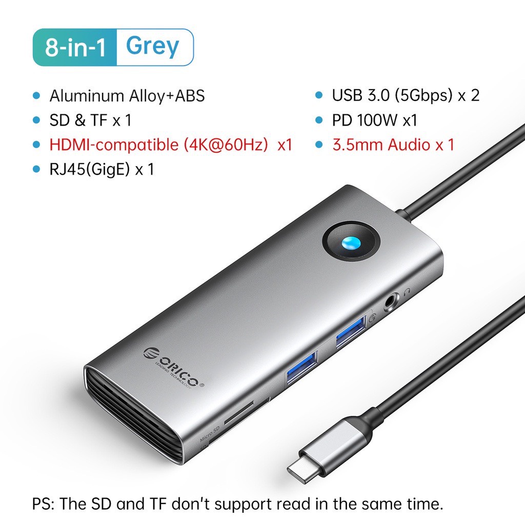 Bộ hub chuyển đổi Orico USB Type C sang 4K HDMI 5 / 8 trong 1 cổng sạc PD USB 3.0 LAN 1Gbps 2.5Gbps HDMI 60Hz