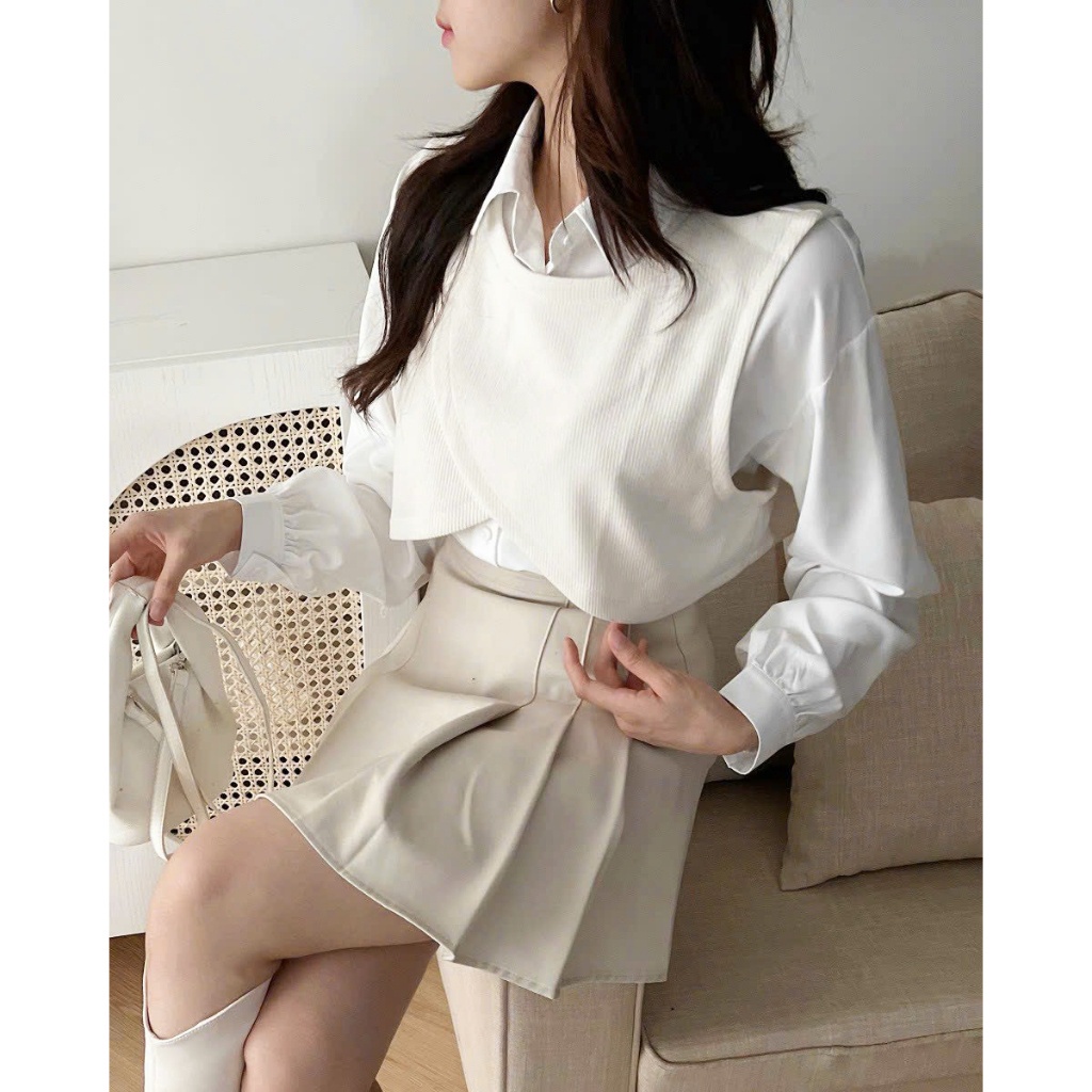 Set áo 2 chi tiết áo sơ mi dài tay phối gile nỉ tăm vạt chéo SVC0689