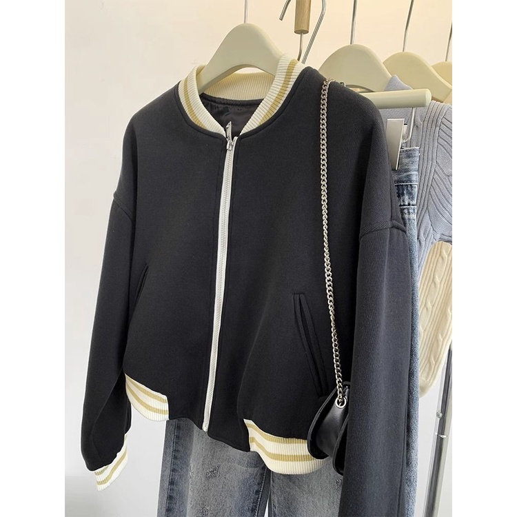 Áo Khoác Bóng Chày Dáng Ngắn Màu Đen Phong Cách retro Cho Nữ