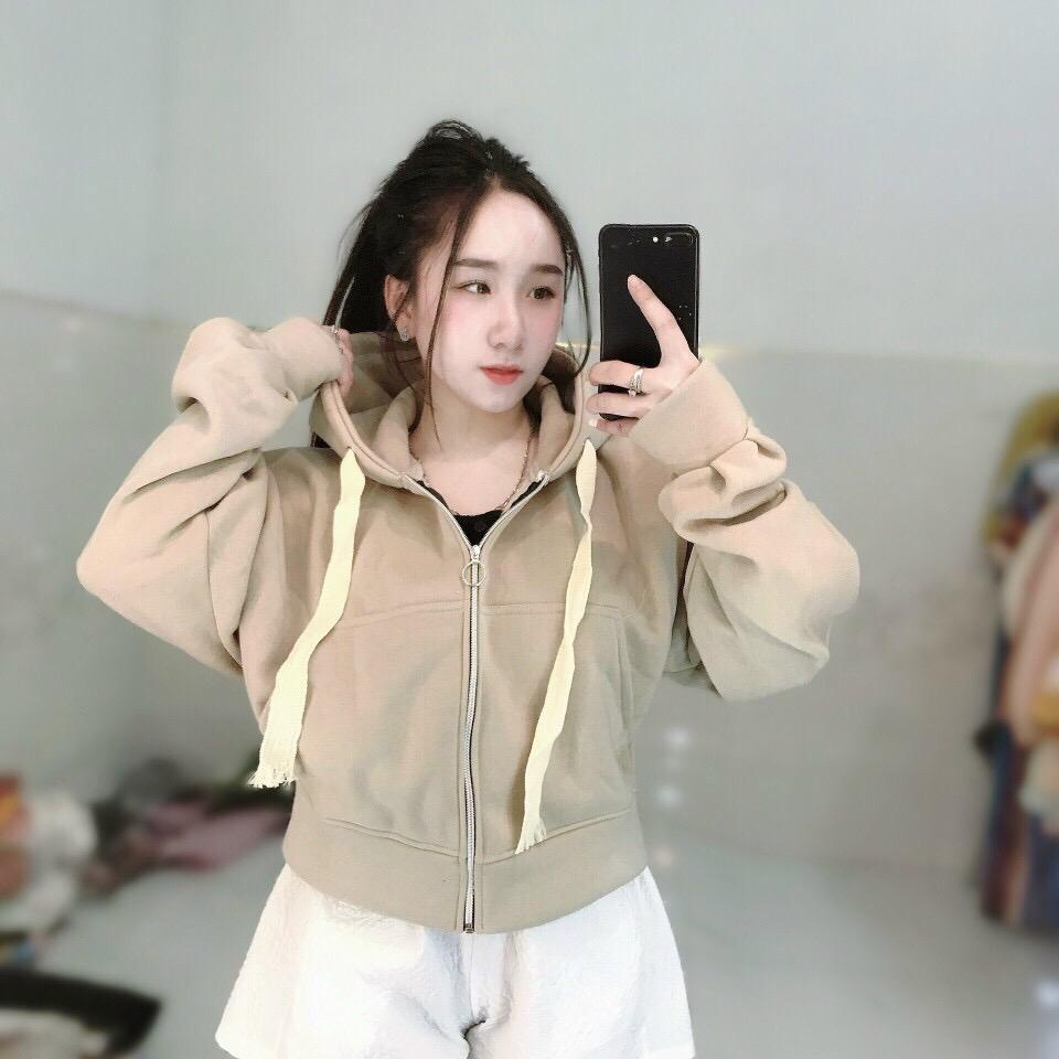Áo khoác nữ lửng nỉ cotton nón rộng dây nón to