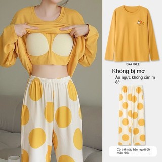 Bộ Đồ Ngủ Tay Dài Có Đệm Ngực Siêu Mềm Mại Co Giãn In Họa Tiết Chấm Bi Dành Cho Nữ
