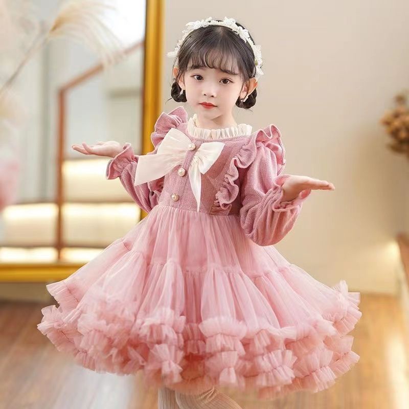 Đầm Công Chúa Chất Nhung Đính Nơ Thời Trang Thu Đông Xinh Xắn Cho Bé Gái