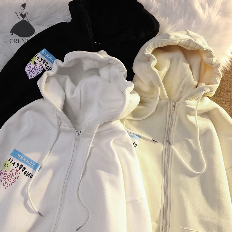 Áo Khoác Hoodie Tay Dài Dáng Rộng Có Khóa Kéo In Họa Tiết Thời Trang Mùa Thu Cho Nữ