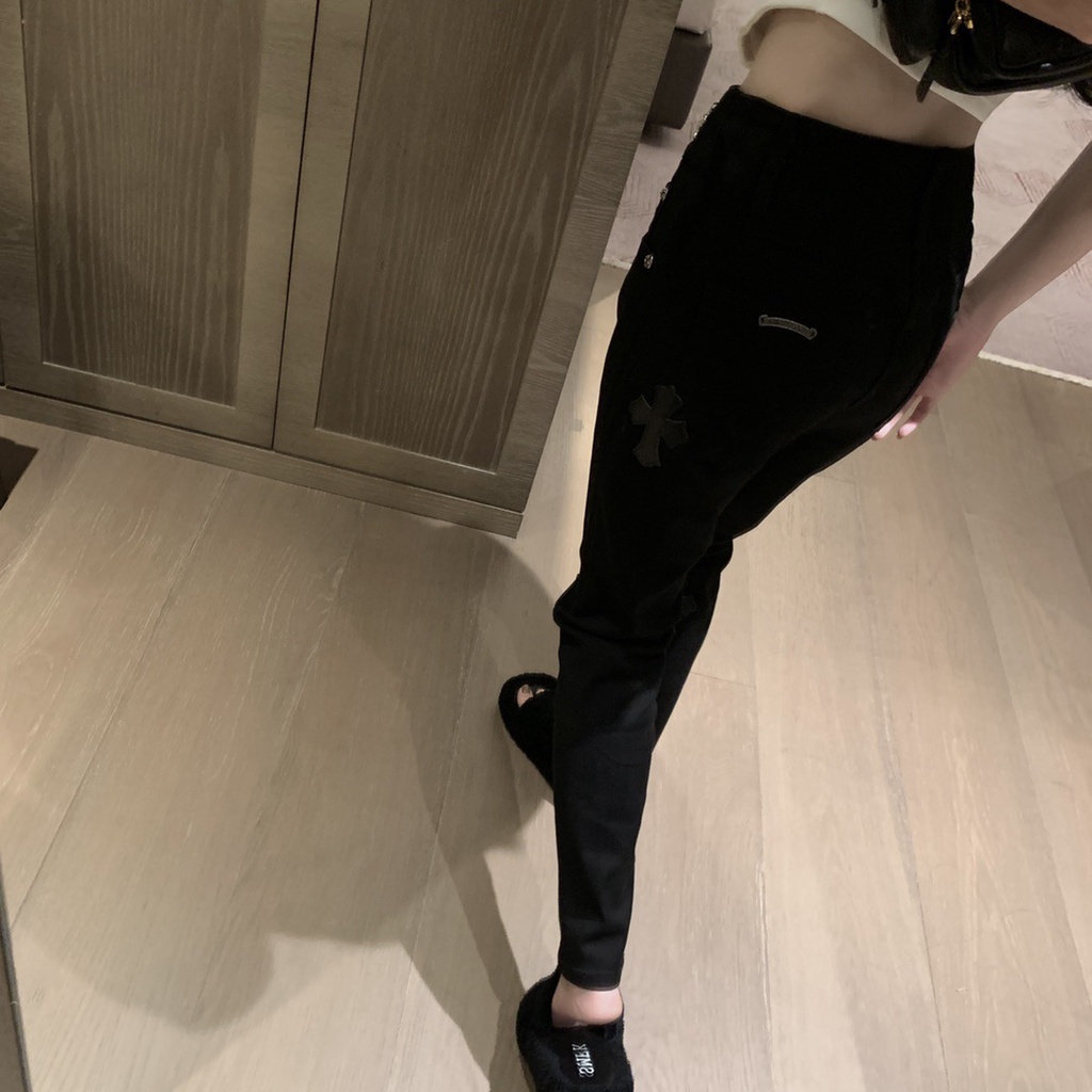 PJB0 Chrome Hearts 23 autumn and winter new leather jeans women's embroidered logo decorative design fashion all-match high waist trousers for women