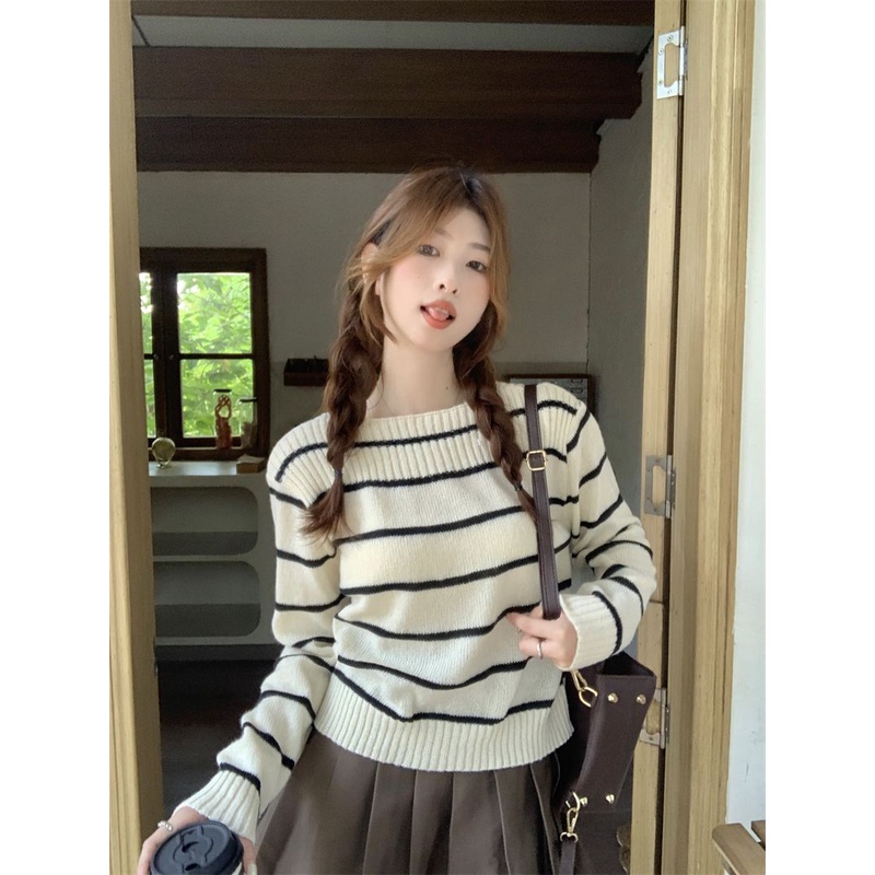 Zhainvchaoyi Áo sweater Dệt Kim Kẻ Sọc Thời Trang Đơn Giản Cho Nữ