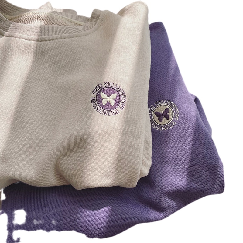 Áo Nỉ Mỏng Cổ Tròn Dáng Rộng Thêu Hình Bướm Phong Cách Xuân Thu Mới Cho Nữ