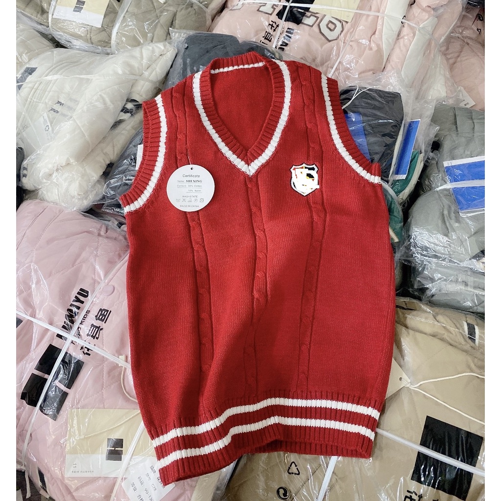 Gile len cho bé size đại, Áo gile len bé trai 8-16 tuổi cổ tim viền kẻ thêu logo N phong cách Hàn Quốc sợi không bai xù