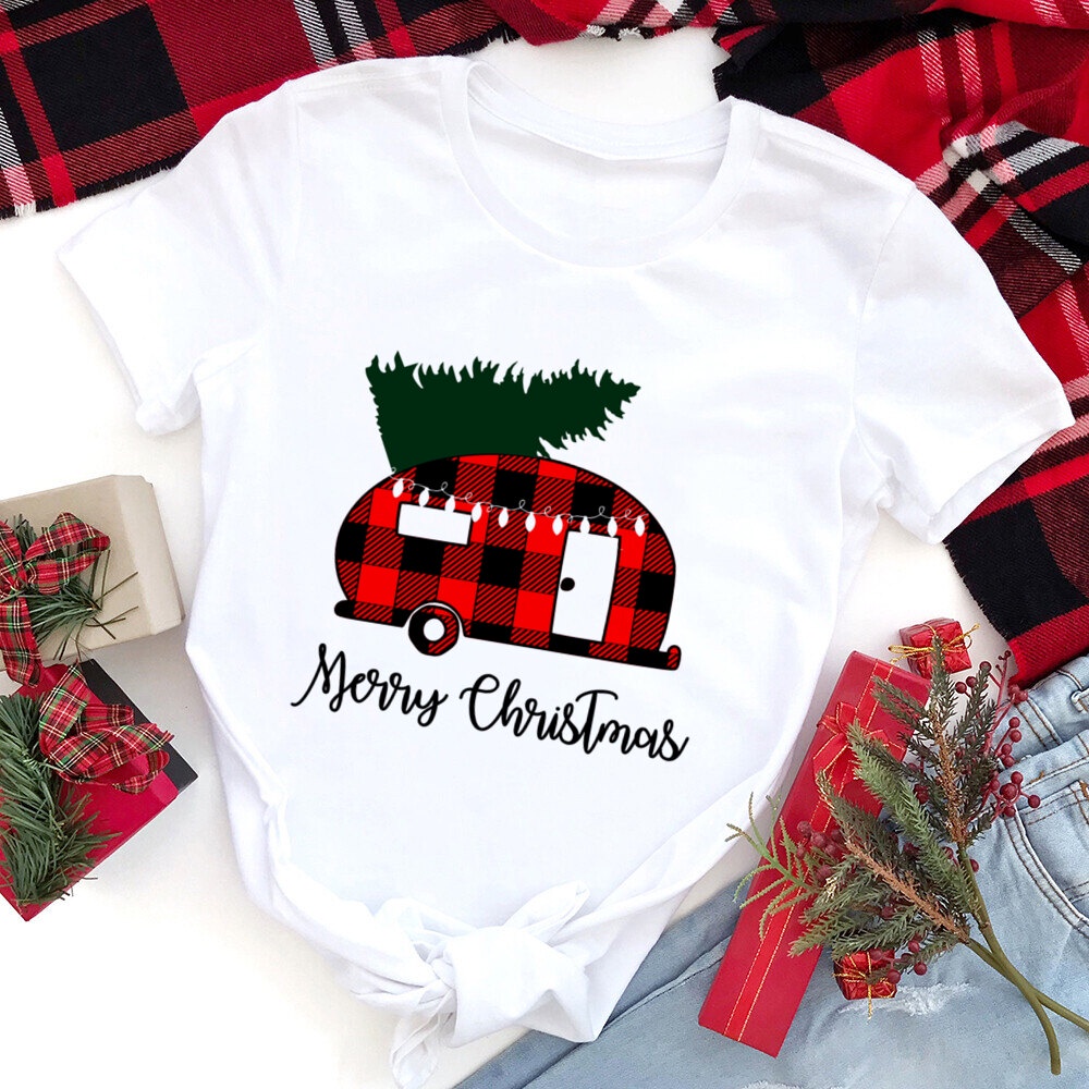 Thời Trang Áo Thun Tay Ngắn Màu Trắng In Hình Bông Tuyết Giáng Sinh Dễ Thương Cho Nữ