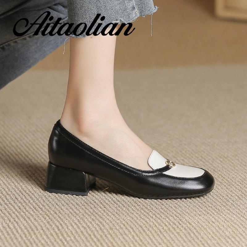 Giày Cao Gót 4cm Da Mềm Mũi Vuông Phong Cách Anh Quốc