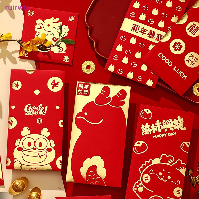 Set 6 Bao Lì Xì Đỏ Hình Rồng Dễ Thương Cho Năm Mới 2024