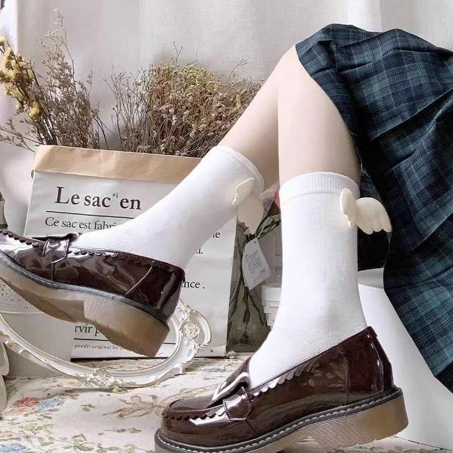 Vớ cotton Cổ Cao Họa Tiết Đôi Cánh Thiên Thần Phong Cách lolita Dễ Thương Đen