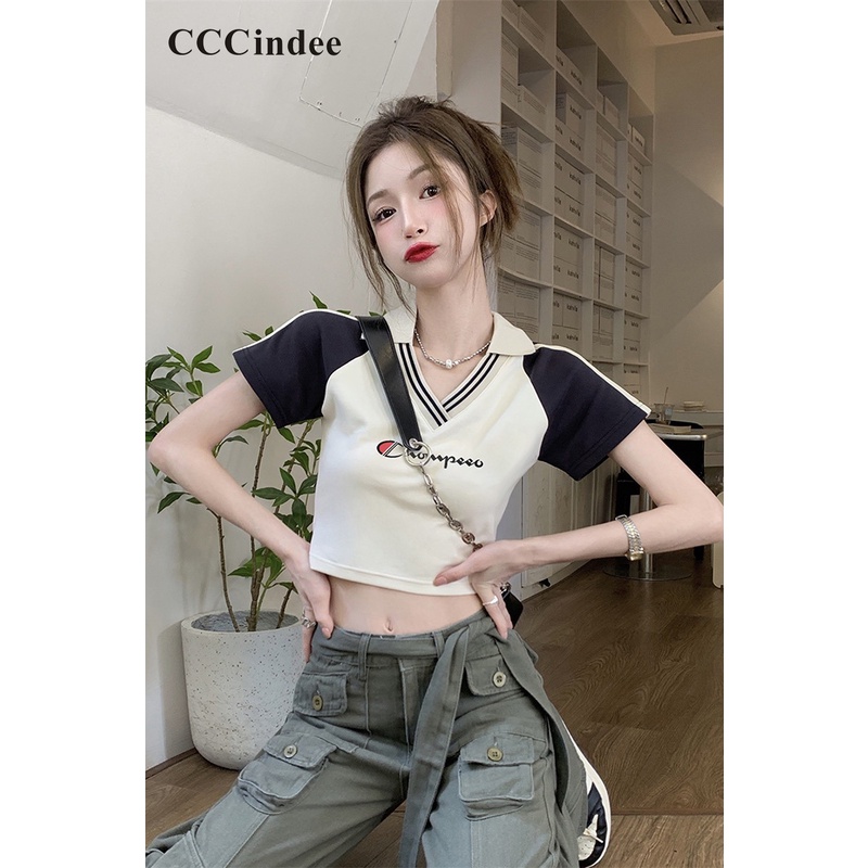 Áo Thun Polo Tay Ngắn Cổ Chữ V Dáng Ôm Phối Màu Tương Phản Thời Trang 2023 Cho Bạn Gái