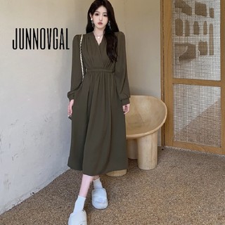 JUNNOVGAL Nữ Midi Đầm Thời Trang Phong Cách Mới Slim Fit Dài Tay Màu Trơn Cổ Chữ V