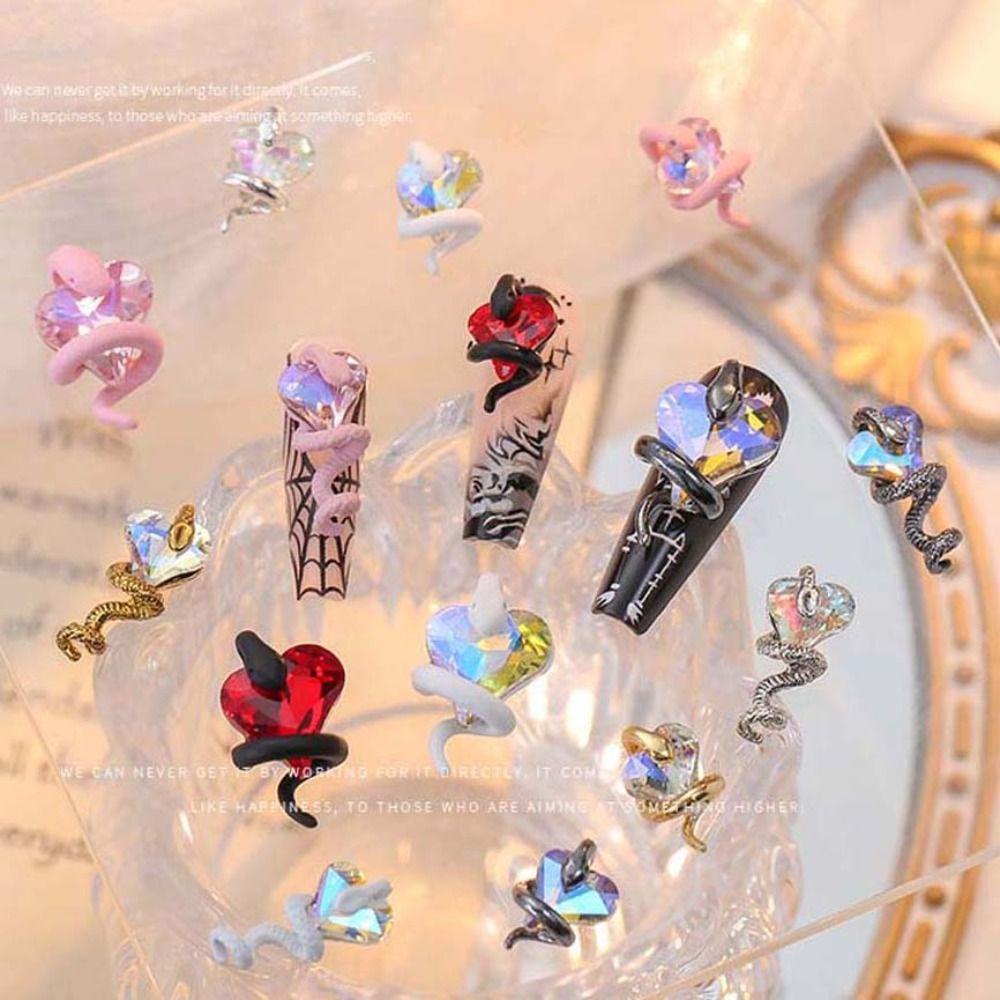 Bruce set 5 Phụ Kiện Trang Trí Móng Tay Hình Rắn Trái Tim Bằng Hợp Kim Đính Đá diy charms