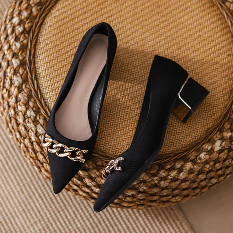 Giày Búp Bê Da Lộn Gót Dày Mũi Nhọn Màu Đen Thời Trang Công Sở 2022 Cho Bạn Gái