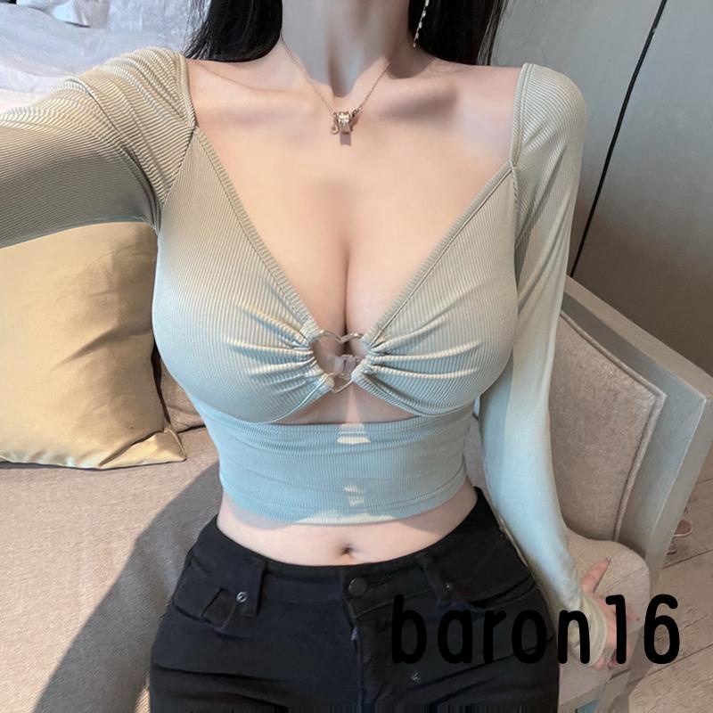 Áo Croptop Tay Dài Cổ Chữ v Khoét Sâu Có Vòng Kim Loại Hình Trái Tim Cho Nữ