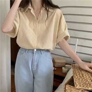 Áo Sơ Mi Tay Ngắn Dáng Rộng Họa Tiết Kẻ Sọc Màu Xanh Lá Nhạt Phong Cách Pháp Thời Trang Cho Nữ