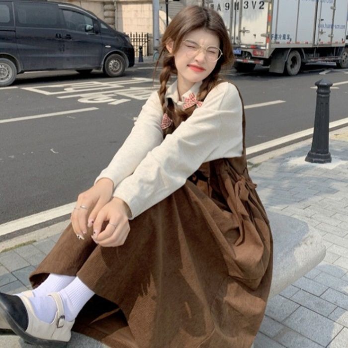 Váy yếm đầm Set Áo Sơ Mi Cổ Búp Bê + Đầm Yếm Dáng Rộng Thời Trang Mùa Thu Cho Nữ